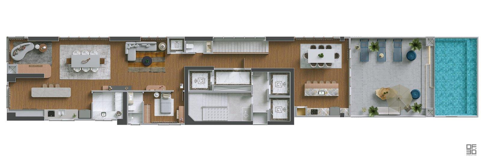 Planta baixa do 2º pavimento da Penthouse Duplex, com living, cozinha e terraço com piscina